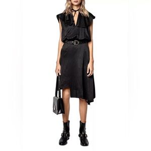 Zadig & Voltaire Racky 100% Silk Jacquard Black Asymmetrical Midi Dress